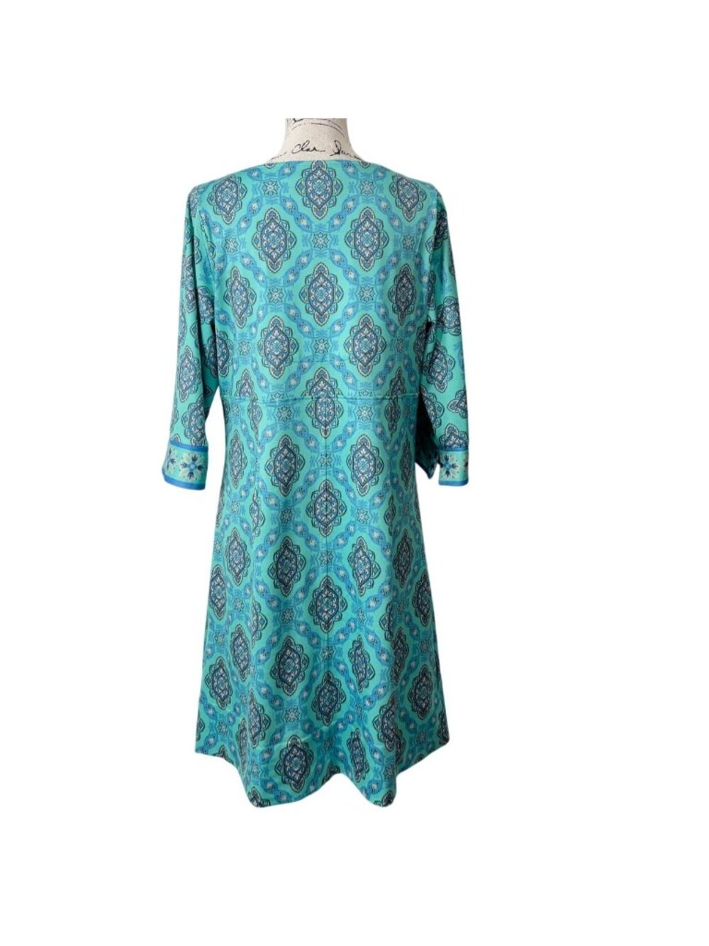 Gretchen Scott Womens Size L Dress Turquoise Medallion Print 3/4 Sleeve Boat-Nec - Picture 3 of 7